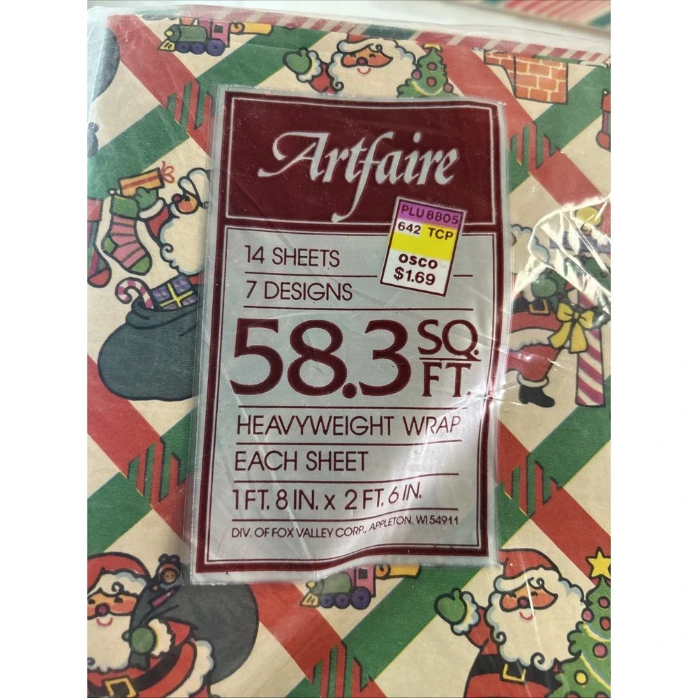 VTG‎ Artfaire Gift Wrapping Paper 1ft 8 In X 2ft Sheets Christmas Santa Read (2)